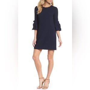 Maggy London Elegant Navy Long Sleeve Flounce Quarter Sleeve Column Dress